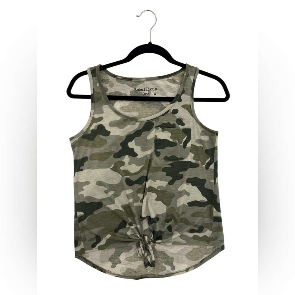 Rebellious One Green and Tan Camo Front Tie Tank Top